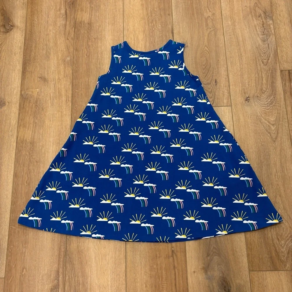 🌟HANNA ANDERSSON🌟 GIRLS SLEEVELESS SUN RAINBOW PRINT SWING KNIT DRESS BLUE 10